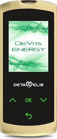 DeVita Energy 11 – златисто ръчно устройство със зелен екран, официална продуктова снимка